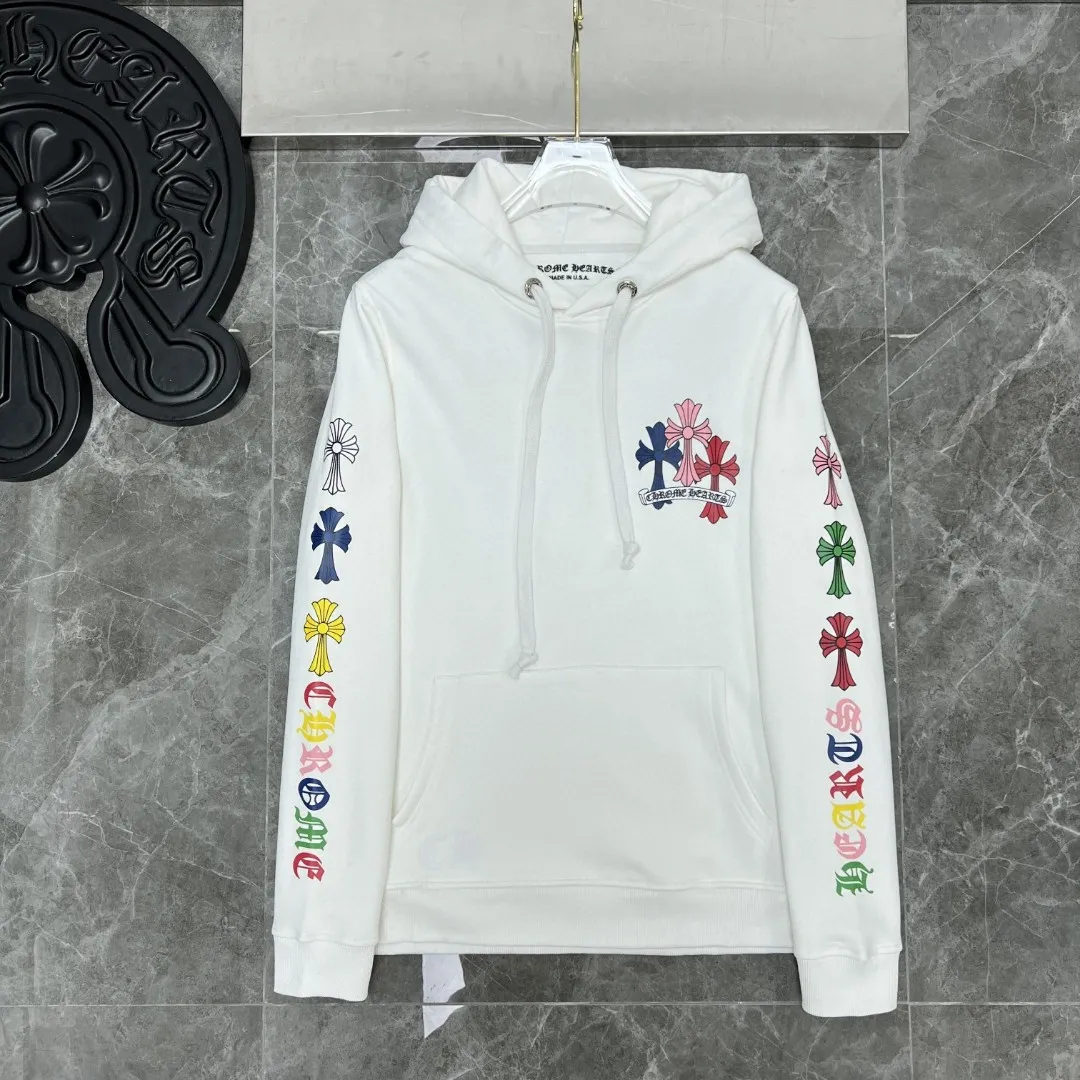 P260 Chrome Hearts Autumn and Winter 25ss counters are on sale simultaneously ❤️ Chrome classic scroll letter color cross group flower arm hooded sweatshirt Imported environmentally friendly glue printing and dyeing Improved customized version 1:1 high-gram weight high-quality fabric Recommended color: black white Size: S, M, L, XL
